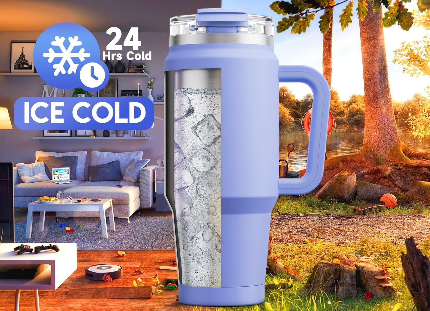 Meoky 32 oz Tumbler with Handle, Insulated Tumbler with Lid and Straw, Stainless Steel Travel Mug, Keeps Cold for 24 Hours, 100% Leak Proof, Fits in Car Cup Holder (Night)