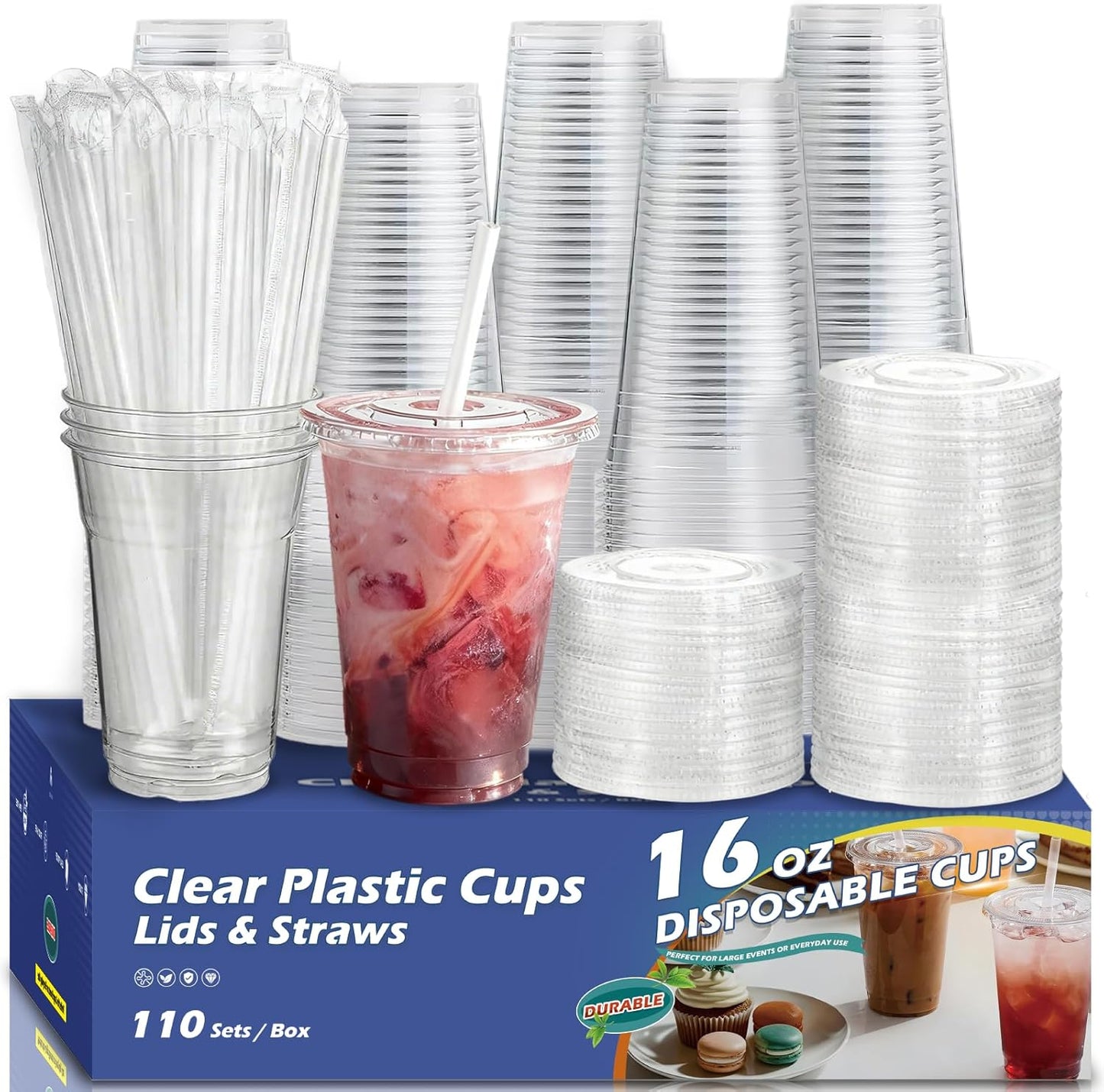 110 Pack Clear Plastic Cups with Lids and Straws, 16 oz Disposable Iced Coffee Cups To Go, BPA-Free Cold Drink Cups for Smoothie, Matcha, Parties, Party