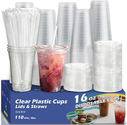 110 Pack Clear Plastic Cups with Lids and Straws, 16 oz Disposable Iced Coffee Cups To Go, BPA-Free Cold Drink Cups for Smoothie, Matcha, Parties, Party