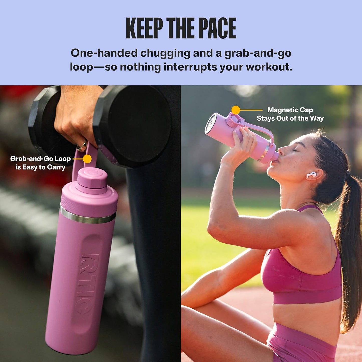 RTIC 24oz Refuel Water Bottle with Workout Protein Shaker, Insulated, Stainless Steel, Metal, Double Wall Vacuum-Insulation, Ceramic Lined, Leak-Proof Chug Lid, Tumbler, Black