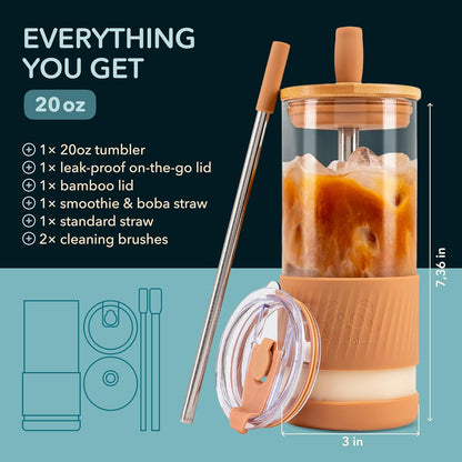 Pandaloo® Glass Cups With Lids and Straws -20 Fl Oz- Perfect Size Iced Coffee Cup - Smoothie Cup With Bamboo Lid and On the go Lid - Glass Tumbler With Straw (1 Count (Pack of 1), Lilac Rhapsody)
