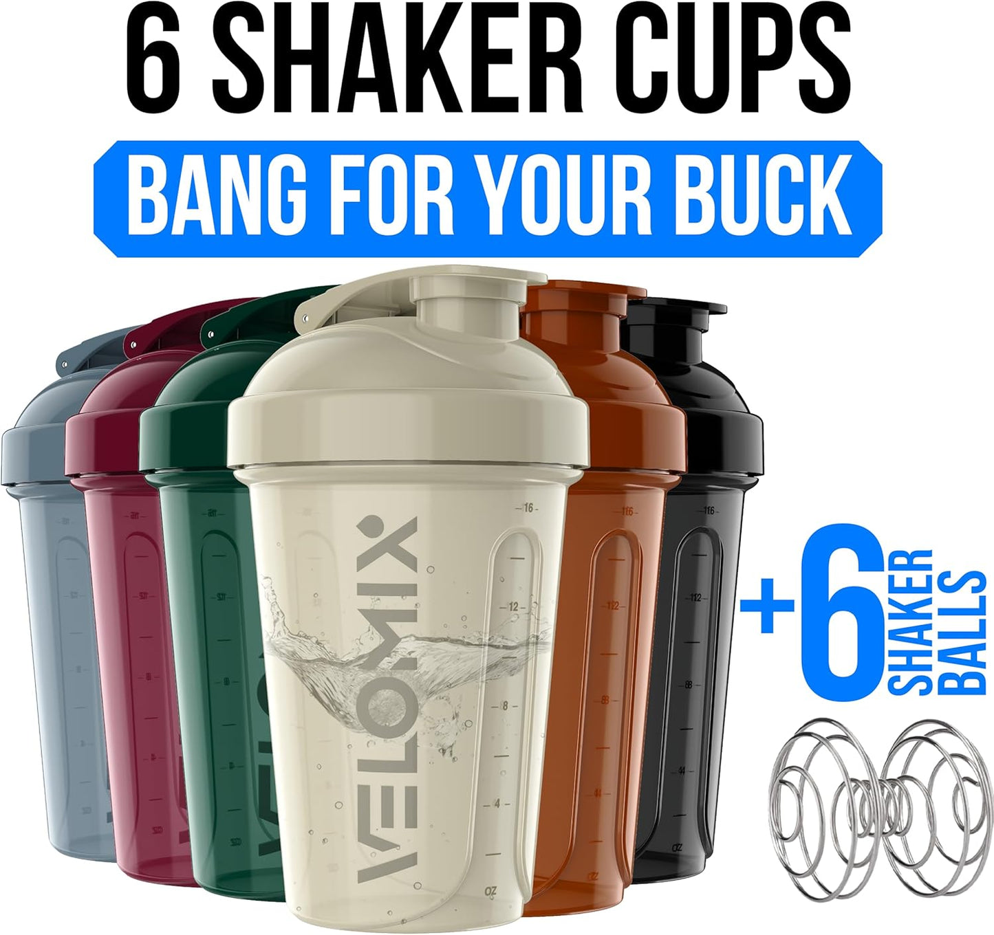 VELOMIX -6 PACK- 20 oz Protein Shaker Bottle for Protein Mixes - 6x Wire Whisk | Leak Proof Shaker Cups for Protein Shakes| Stackable Protein Shaker Bottle Pack | Dishwasher Safe (ALL IN BLACK)