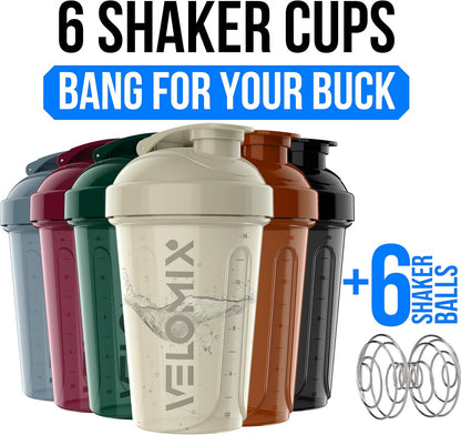 VELOMIX -6 PACK- 20 oz Protein Shaker Bottle for Protein Mixes - 6x Wire Whisk | Leak Proof Shaker Cups for Protein Shakes| Stackable Protein Shaker Bottle Pack | Dishwasher Safe (ALL IN BLACK)