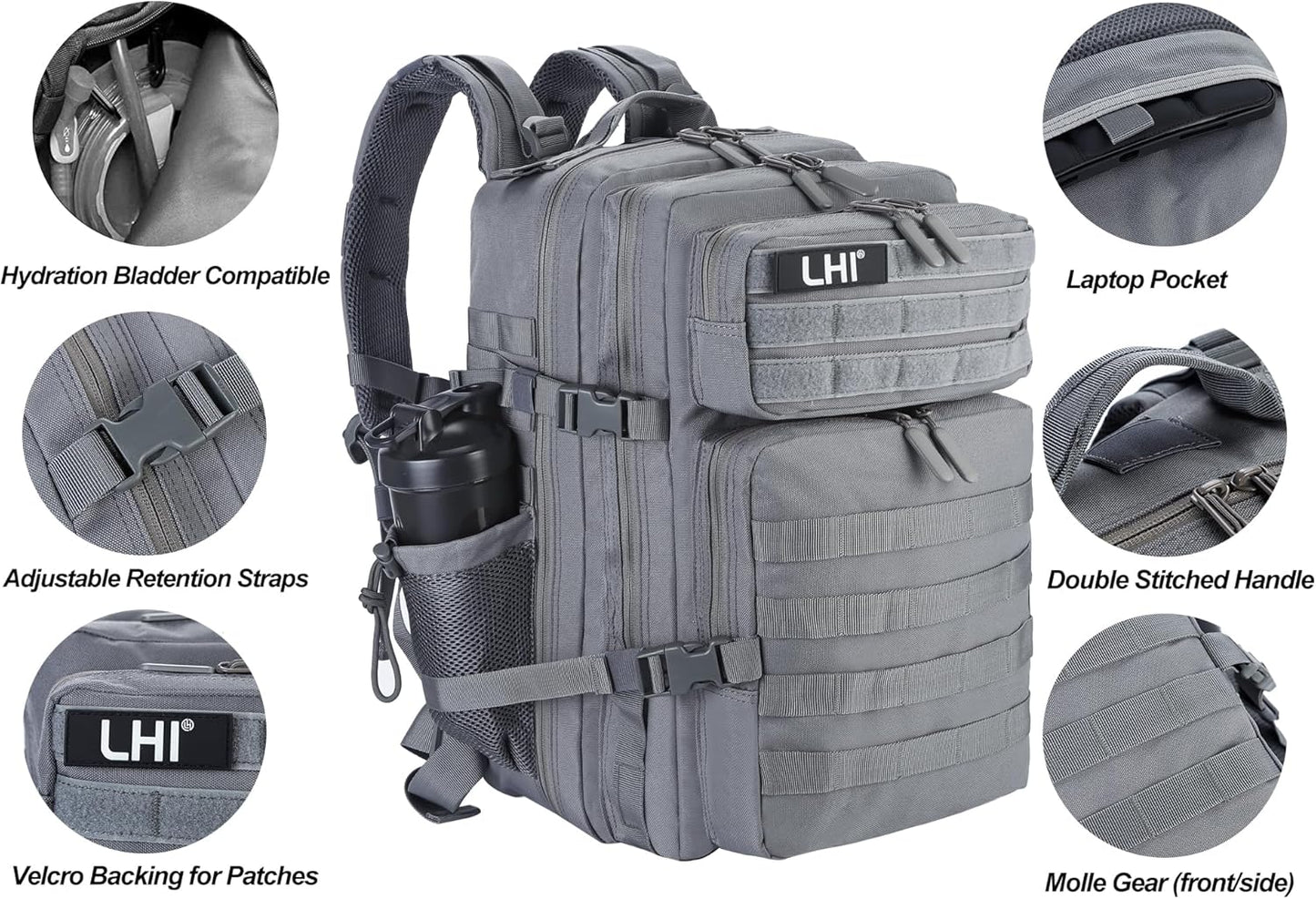 LHI Military Tactical Backpack for Men and Women 45L Army 3 Days Assault Pack Bag Large Rucksack with Molle System - Black - Colors B