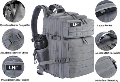 LHI Military Tactical Backpack for Men and Women 45L Army 3 Days Assault Pack Bag Large Rucksack with Molle System - Black - Colors B