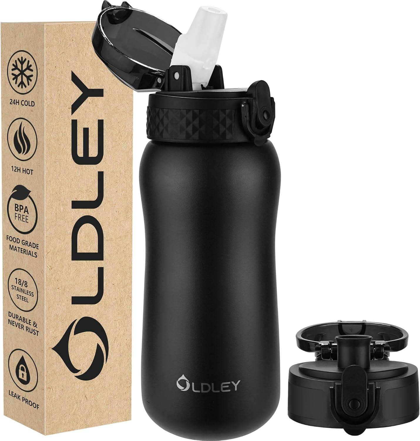 Oldley Insulated Water Bottle 20oz for Adults Kids Stainless Steel Water Bottles with Straw/Chug/Carabiner 3 Lids Fruit Strainer Double Wall Vacuum Wide Mouth BPA Free Leak-Proof for School Travel