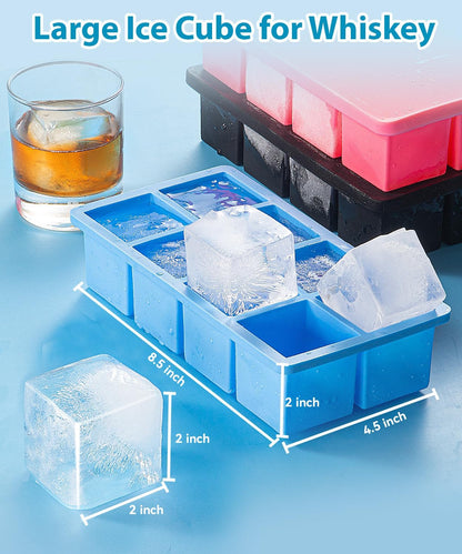 Large Ice Cube Tray 2 Pack, Lxndaser 2 Inch Silicone Ice Cube Molds for Whisky, Cocktail, Big Square Silicone Ice Trays With Lid, Leak-Proof Stackable Design for Freezer, Iced Coffee, Bourbon Drinks
