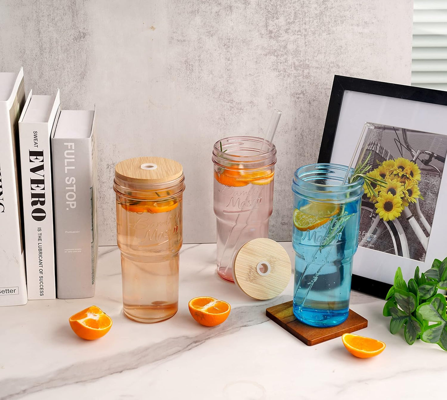 ANOTION Bamboo Mason Leakproof Mason Jar Cups with Lids and Straws, Cap Cup 24oz Glass Tumbler with Handle, Rotating Lid Silicone Straw, Reusable Iced Coffee Matcha Cup Coffee Gifts for Women 2pc