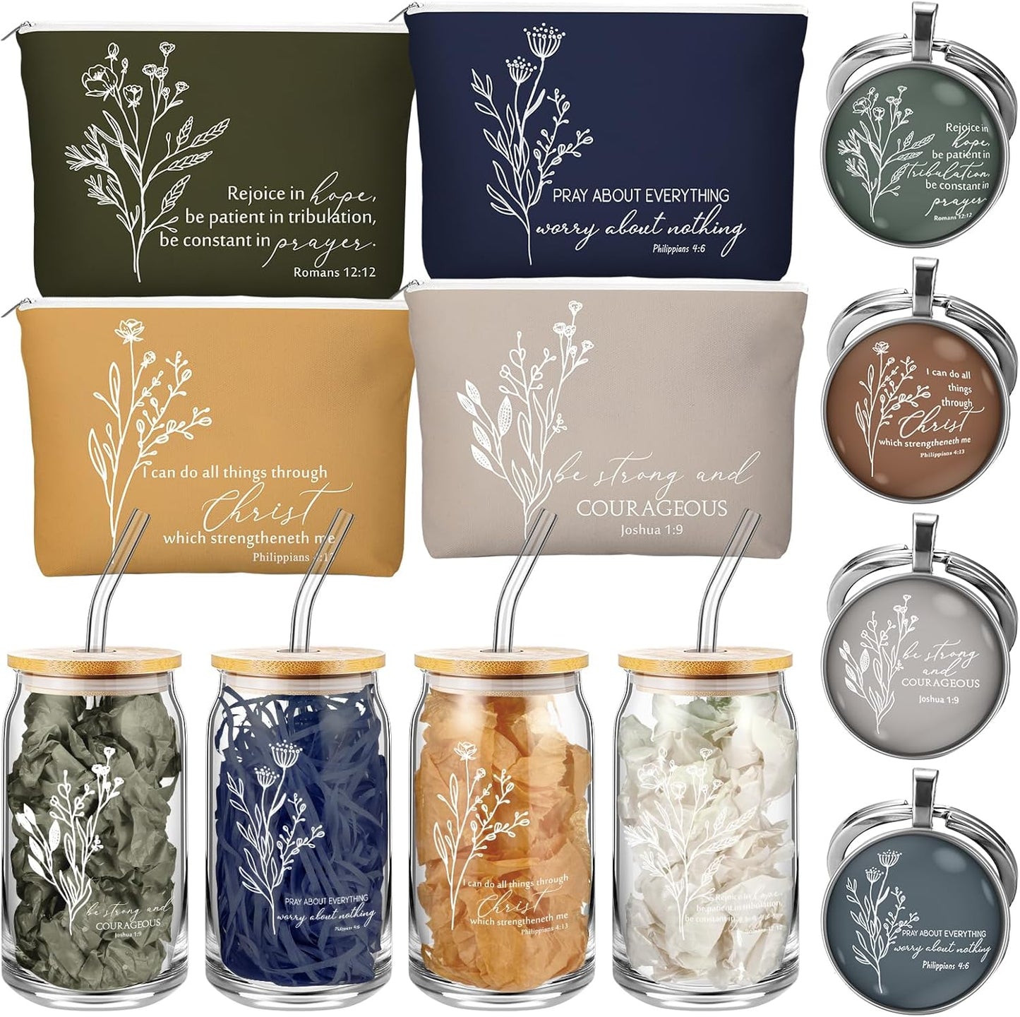 Fumete 4 Sets Christian Gifts for Women Church Gifts Set 16oz Bible Verse Glass Cup Religious Makeup Cosmetic Bags Prayer Tumbler Keychain for Study Group Sunday School God Teacher(Bright Morandi)