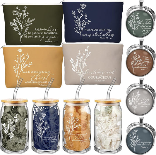 Fumete 4 Sets Christian Gifts for Women Church Gifts Set 16oz Bible Verse Glass Cup Religious Makeup Cosmetic Bags Prayer Tumbler Keychain for Study Group Sunday School God Teacher(Bright Morandi)