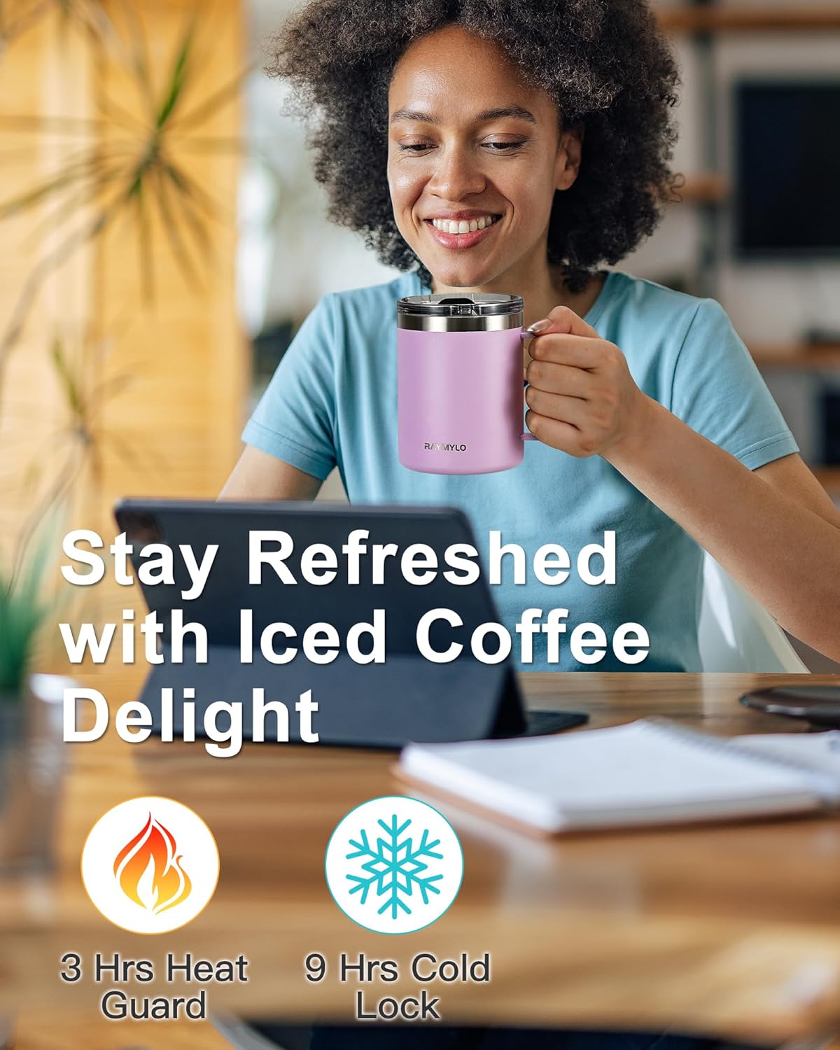 RAYMYLO Insulated Coffee Mug 12 oz, Double Wall Stainless Steel Coffee Mug with Lids, Leak-Proof & Detachable Slider Lid for Thorough Clean, Keeps Coffee Cold for 9 Hrs, Suitable for Camp Home Office