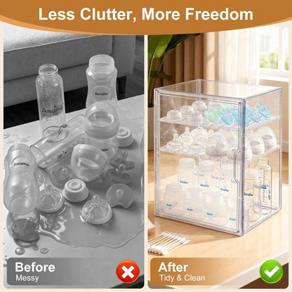 ERTIUANIO Baby Bottle Organizer – 3 Tier Bottle Storage Organizer Baby for Nipples, Pump Parts, Food Jars – Clear Acrylic Bottle Station Organizer for Countertop and Kitchen, Gifts for New Mom