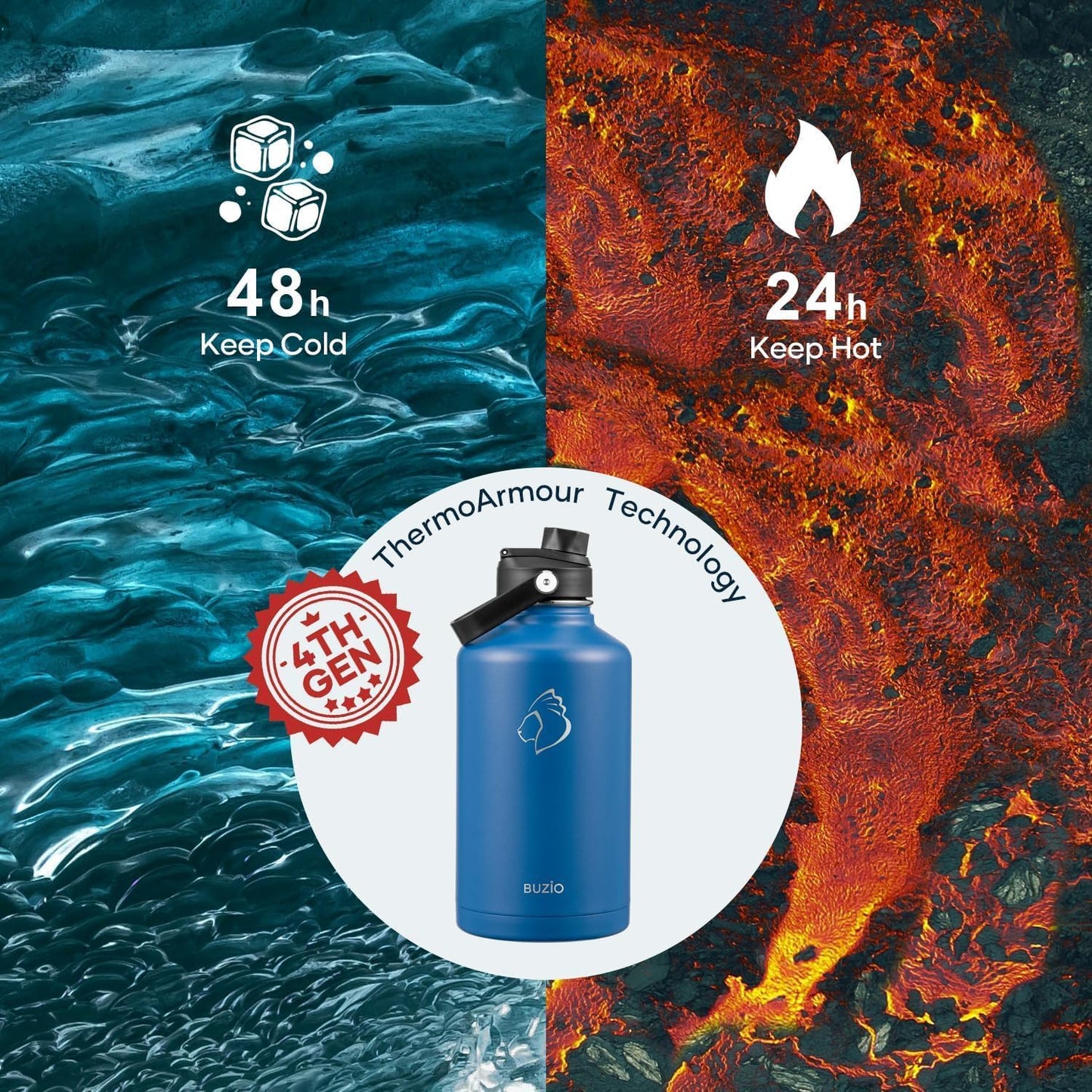 BUZIO 40oz Insulated Water Bottle, Triple Wall Vacuum Stainless Steel Water Flask with 2 lids, Lead-Free BPA-Free Straw Lid Sports Canteen Jug, Cold 48H & Hot 24H- Black - Colors B