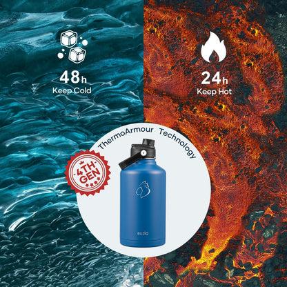 BUZIO 40oz Insulated Water Bottle, Triple Wall Vacuum Stainless Steel Water Flask with 2 lids, Lead-Free BPA-Free Straw Lid Sports Canteen Jug, Cold 48H & Hot 24H- Black - Colors B