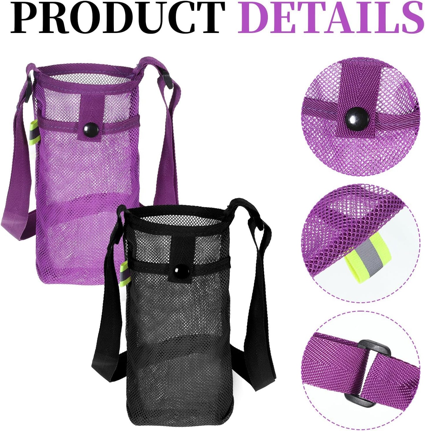 2 PCS Mesh Water Bottle Carrier with Adjustable Shoulder, Water Bottle Holder with Strap, Light Bottles Sling Bag for Hiking, Walking, Camping, Travel (Purple, Black)
