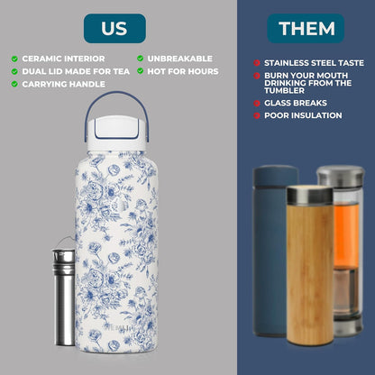 22 oz Ceramic Lined Tea Infuser Travel Tumbler, Micro-Mesh Stainless Steel Infuser, Pure Taste Ceramic Interior, Triple Insulated 12hr Hot Cold, Dual Sip & Straw Lid, Scratch-Resistant