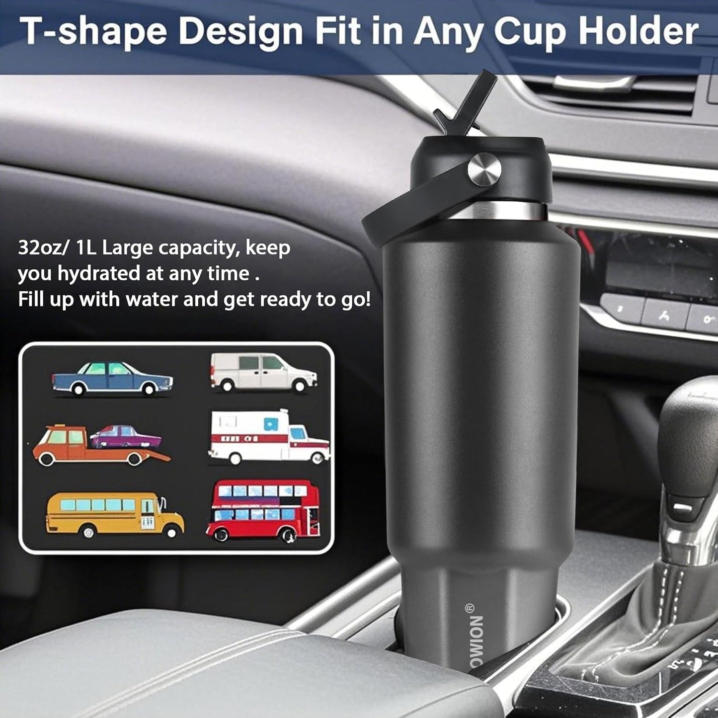 HYDROWION 32oz Stainless Steel Water Bottle(Cold for 48 Hrs, Hot for 24 Hrs),Double Wall Vacuum Insulated Water Bottle with Straw Lid, Spout Lid and Flex Cap, Fit in Any Car Cup Holder,Black