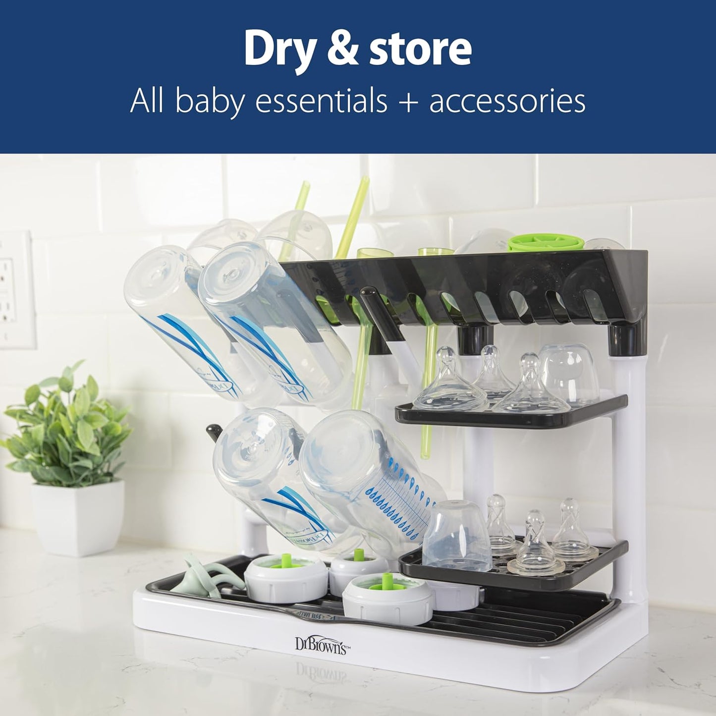 Dr. Brown's Baby Bottle Drying Tower, Stand-Up Countertop Drying Rack with Organized Storage for Baby Essentials, Space Saving Vertical Rack, Black/White