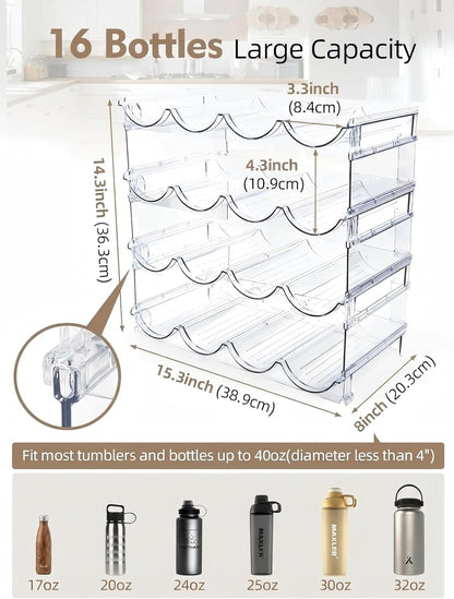 Stackable Water Bottle Organizer, 4-Tier Clear Large Compartment Holder with Stable One-Piece Side-Panel Design, Prevents Tipping & Rolling for Cabinet & Kitchen Storage, Holds 16 Bottles
