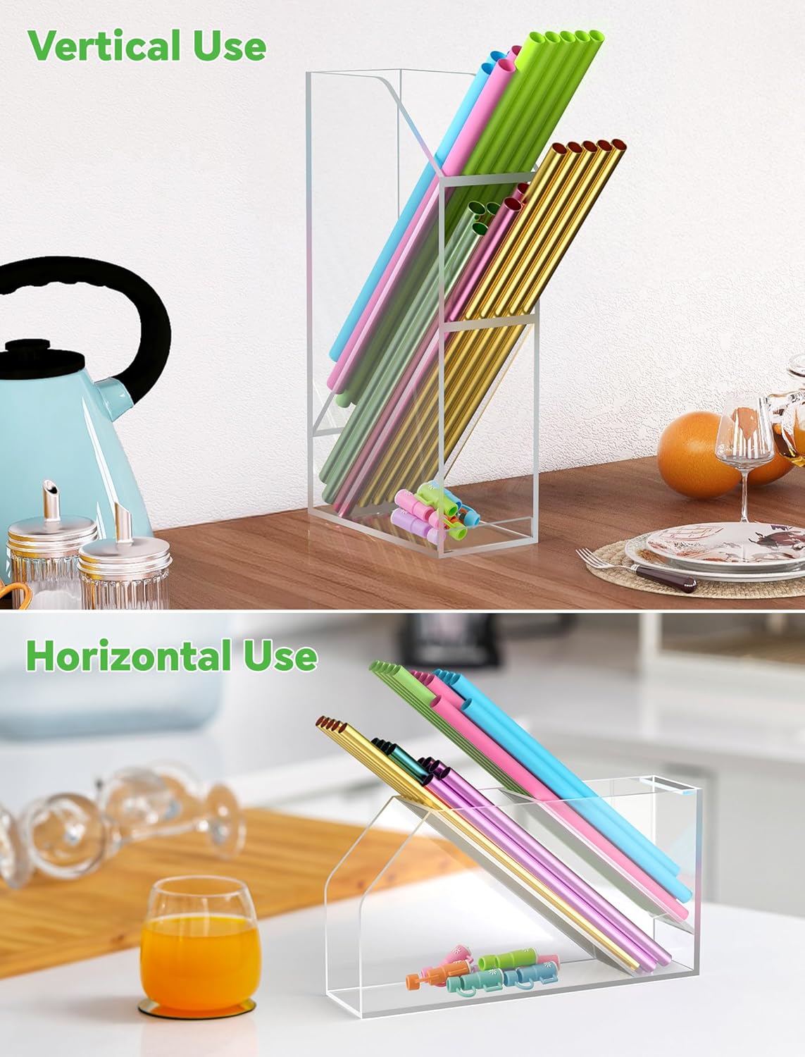 NiHome Straw Holder for Kitchen Cabinet Door, Large Capacity Dual Compartments for 10-12 Inch Straws, Angled Design for Easy Access, Extra Bottom Storage for Caps, Horizontal or Vertical Placement