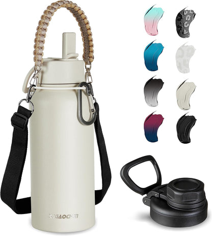 KXIAOCHEN Insulated Water Bottle With Strap, Cold For 48 Hrs Leak Proof, Triple Wall Stainless Steel Sports Water Bottle With Straw And Spout Lid For Gym Hiking Travel