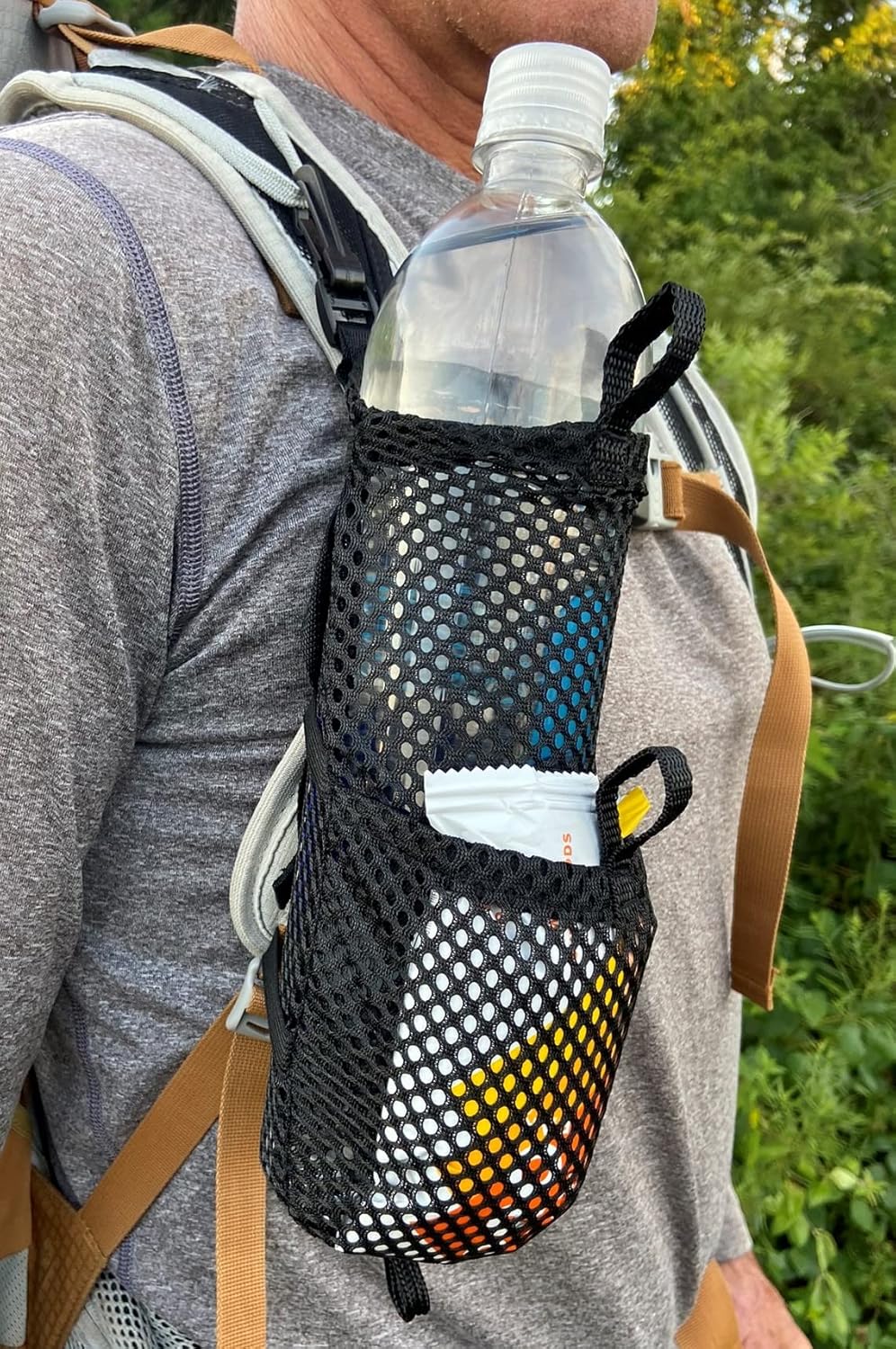 Water Bottle & Snack Holder for Backpack Shoulder Strap - Fits 1L Smartwater, Front Accessory Pouch, Ultralight 0.9 oz, Snap Hook Mount, Nylon Mesh Backpack Attachment