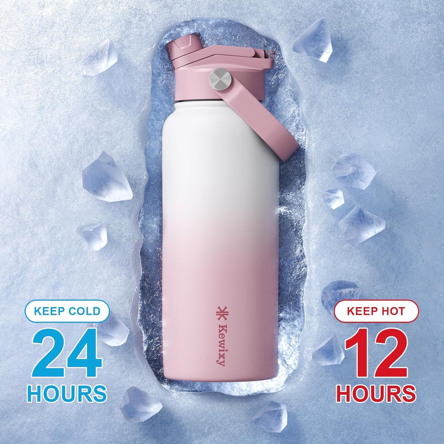 KEWIXY 32 oz Insulated Water Bottle, 2-in-1 Lid, Straw & Spout with Protected, Leak Proof, Keep Cold, Stainless Steel, Metal, Reusable, Handle, for Outdoor, Gym and School, 2 Lids, Blush Pink