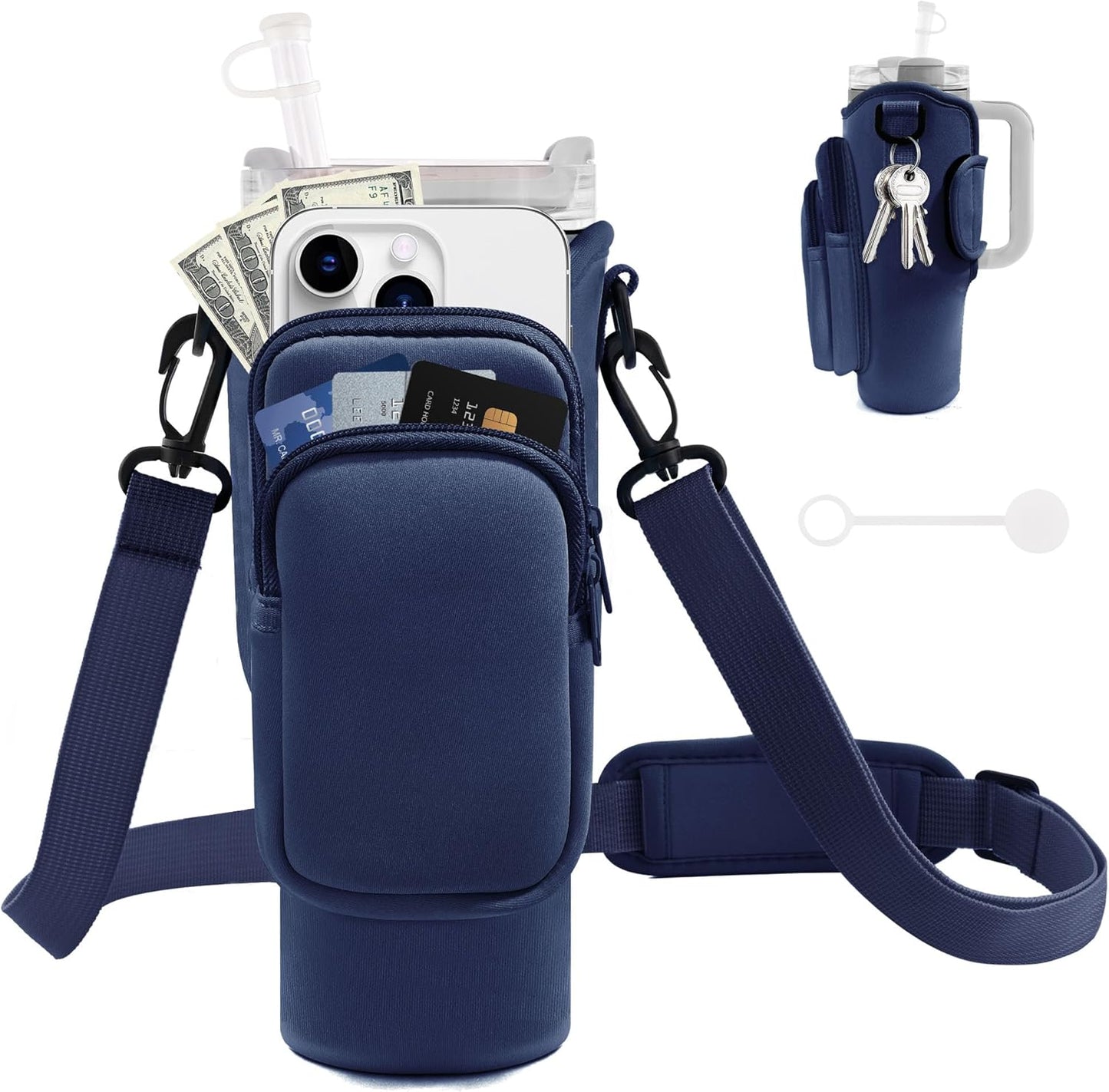 JEBEALUO Water Bottle Carrier Bag with Phone Pocket for Stanley Cup 40/30 oz, Water Bottle Holder with Adjustable Strap& Straw Cover, Stanley Cup Accessories