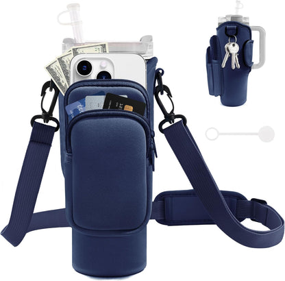 JEBEALUO Water Bottle Carrier Bag with Phone Pocket for Stanley Cup 40/30 oz, Water Bottle Holder with Adjustable Strap& Straw Cover, Stanley Cup Accessories