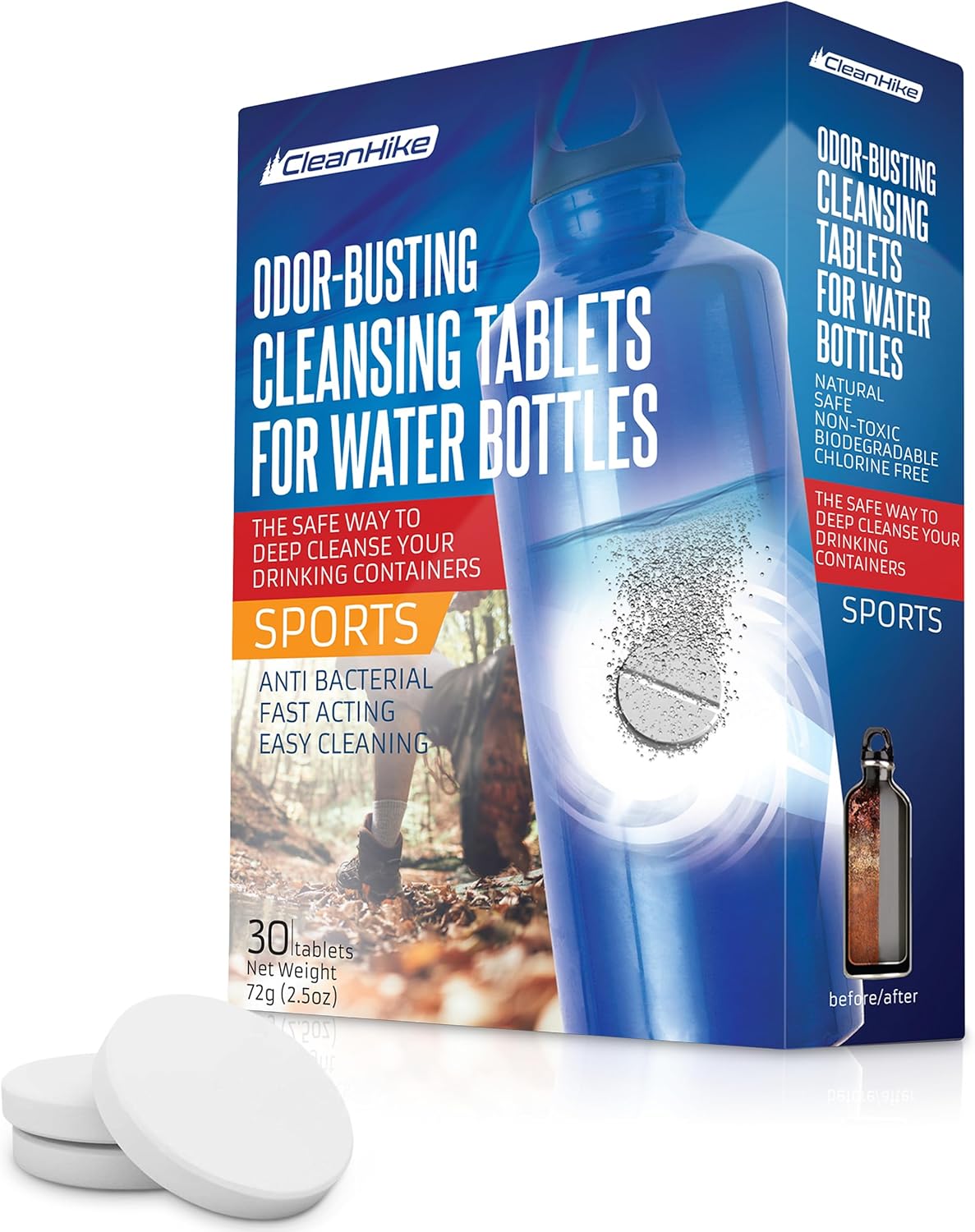 CleanHike Tumbler Water Bottle Cleaning Tablets - All Natural Ingredient, Great for All Stainless, Plastics, Ceramic and Glass Drinking Containers, Individually Packed (30 Count)