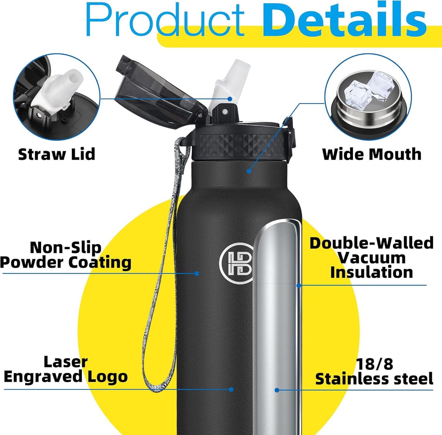 Han's Bottle Sports Water Bottle - 24 Oz, Straw Lid, Leak Proof, Vacuum Insulated Stainless Steel, Double Walled, Thermo Mug,Black