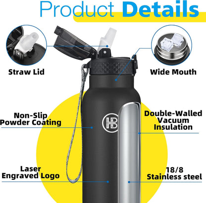 Han's Bottle Sports Water Bottle - 24 Oz, Straw Lid, Leak Proof, Vacuum Insulated Stainless Steel, Double Walled, Thermo Mug,Black