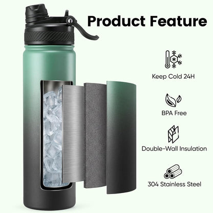 Fijinhom 18 oz Insulated Water Bottle, 2-in-1 Straw and Spout Lid Stainless Steel Thermos, Leak-Proof, Double Wall Vacuum Flask, Keep Cold 24H for Outdoor, Sports, Travel, School (Black)