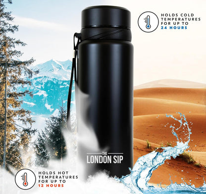 London Sip 25 oz Multi-Function Travel Mug and Tumbler Tea Infuser Water Bottle Fruit Infuser Flask Hot and Cold Double Wall Stainless Steel Coffee Thermos, Cosmic Silver