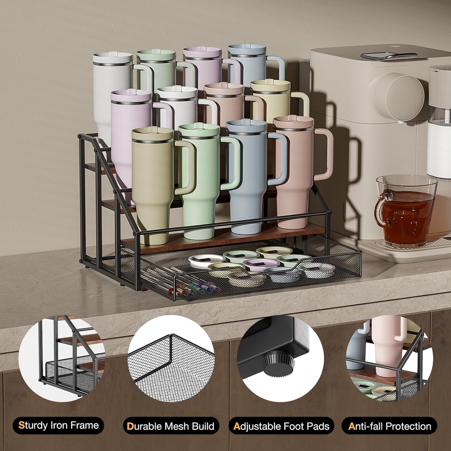 MOJOHAND Water Bottle Organizer for Stanley, 4-Tier 12 Bottles Rack with Storage Basket for Cup Accessories, Large Tumbler Holder Stand, Water Bottle Holder Wine Rack