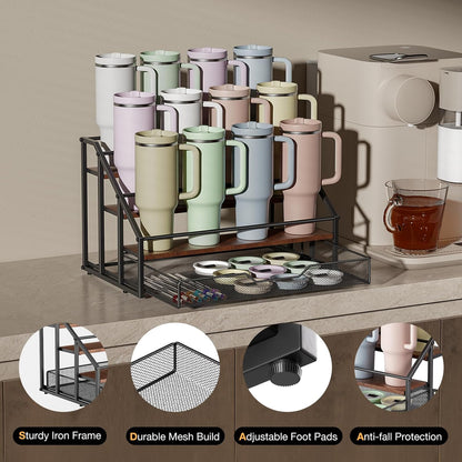 MOJOHAND Water Bottle Organizer for Stanley, 4-Tier 12 Bottles Rack with Storage Basket for Cup Accessories, Large Tumbler Holder Stand, Water Bottle Holder Wine Rack