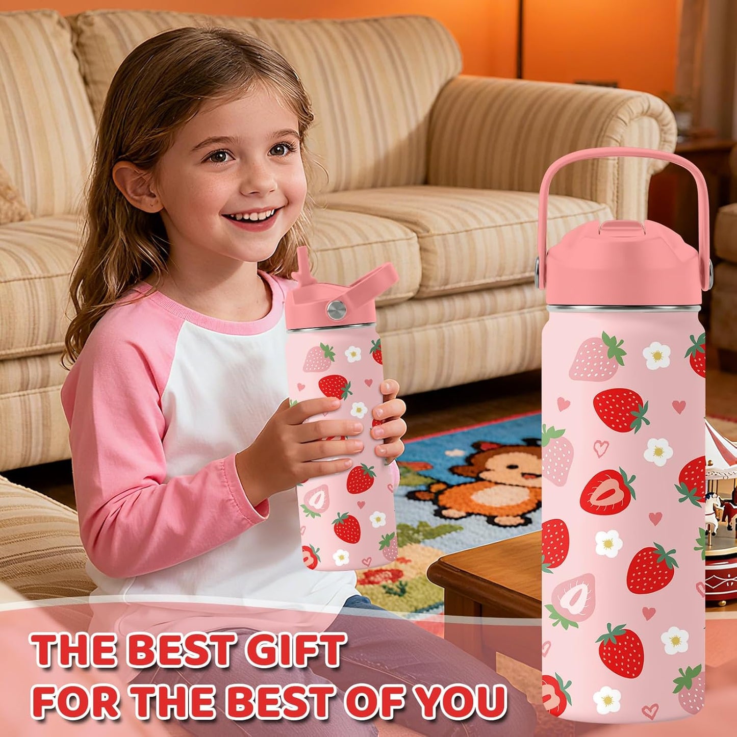 Strawberry Gifts for Kids - 16oz Pink Kids Water Bottle with Straw Lid, Stainless Steel Insulated Water Bottle, Leakproof, BPA-Free, for Girls, School, Strawberry Lover Children Birthday Gift Cup(1pc)