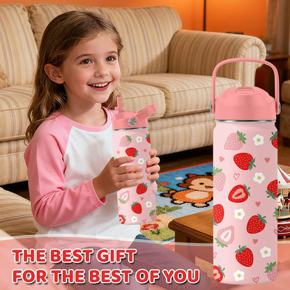 Strawberry Gifts for Kids - 16oz Pink Kids Water Bottle with Straw Lid, Stainless Steel Insulated Water Bottle, Leakproof, BPA-Free, for Girls, School, Strawberry Lover Children Birthday Gift Cup(1pc)