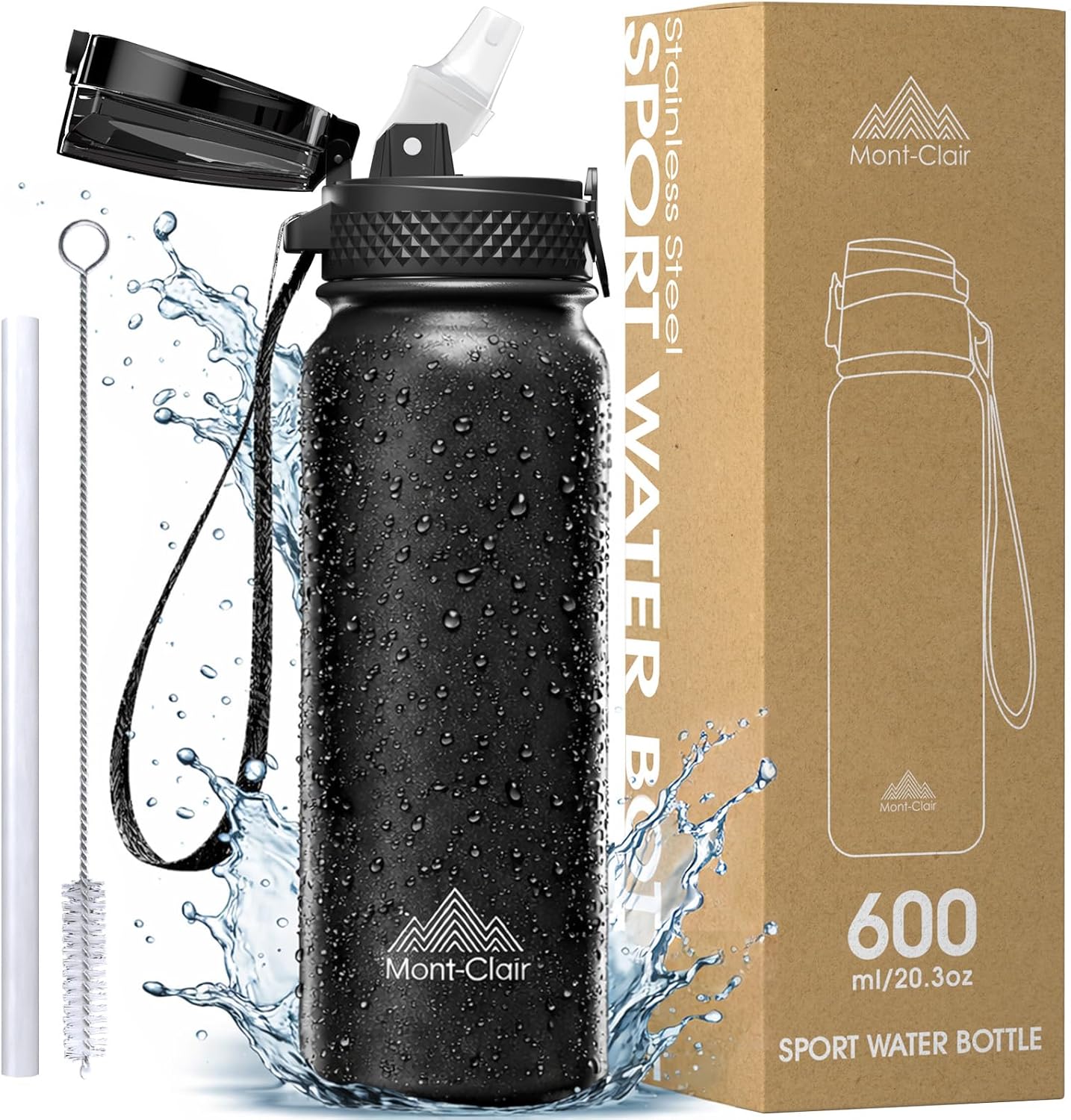 Mont-Clair Sport Water Bottle - 20oz Insulated Water Bottle with Straw - Patented Lid, BPA FREE, For Sports, Gym, Cycling, Bike - Quick Hydration - Black