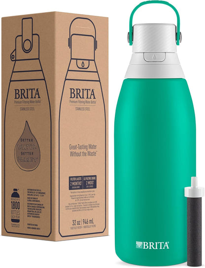 Brita Insulated Filtered Water Bottle with Straw, Reusable, Stainless Steel Metal, Blue Jay, 20 Ounce
