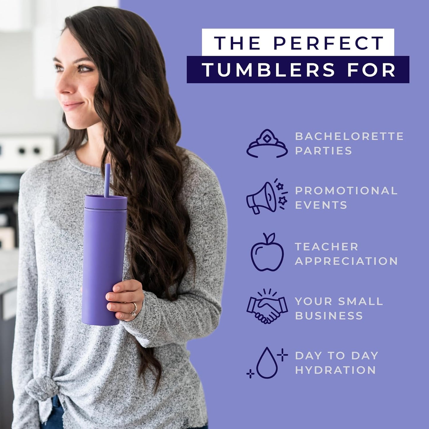 STRATA CUPS Perwinkle Skinny Tumblers with Lids and Straws (4 pack), 16oz Matte Pastel Colored Acrylic Tumblers with Lids and Straws, Double Wall Skinny Tumbler Bulk, Reusable Cup with Straw Cleaner