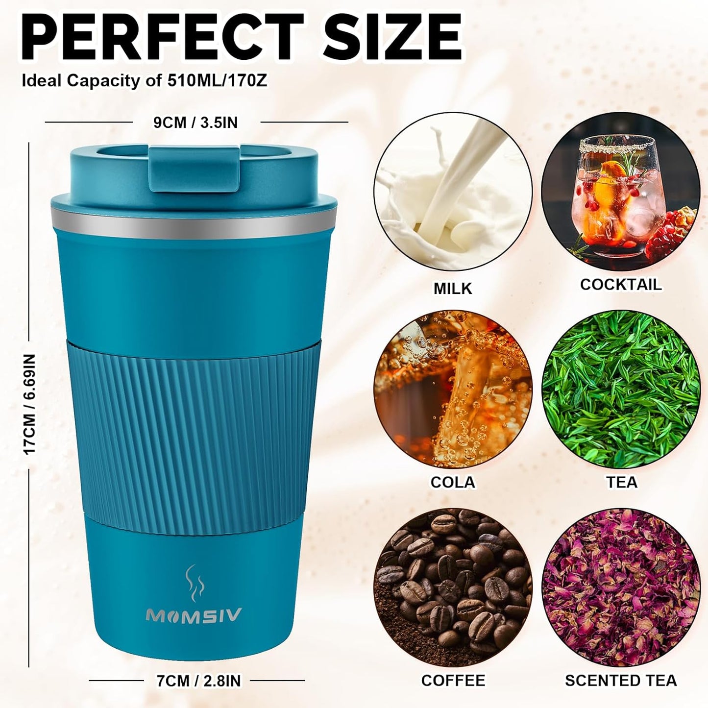 MOMSIV 12oz Travel Mug, Insulated Coffee Cup with Leakproof Lid, Travel Coffee Mug Vacuum Stainless Steel Double Walled Reusable Coffee Cup for Hot and Cold Water Coffee