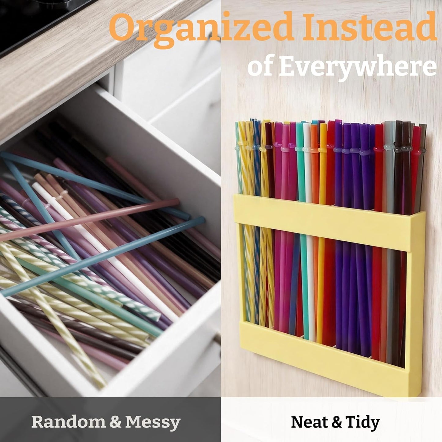 9.5” Large Acrylic Straw Holder for Cabinet Door with Detachable Ultra Sticky Adhesive Squares and Stickers, 2026 Reusable Straws Organizer Storage Dispenser for Kitchen Counter Cupboard