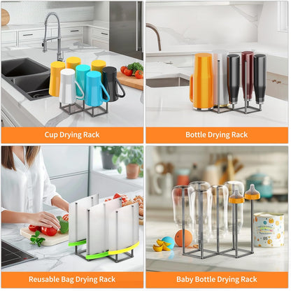 KORRTFID Foldable Bottle Drying Rack, Baby Bottle Drying Rack, Collapsible Cup Draining Holder, Retractable Reusable Storage Bag Dryer with Non-Slip Bottom - Stainless Steels (Silver)
