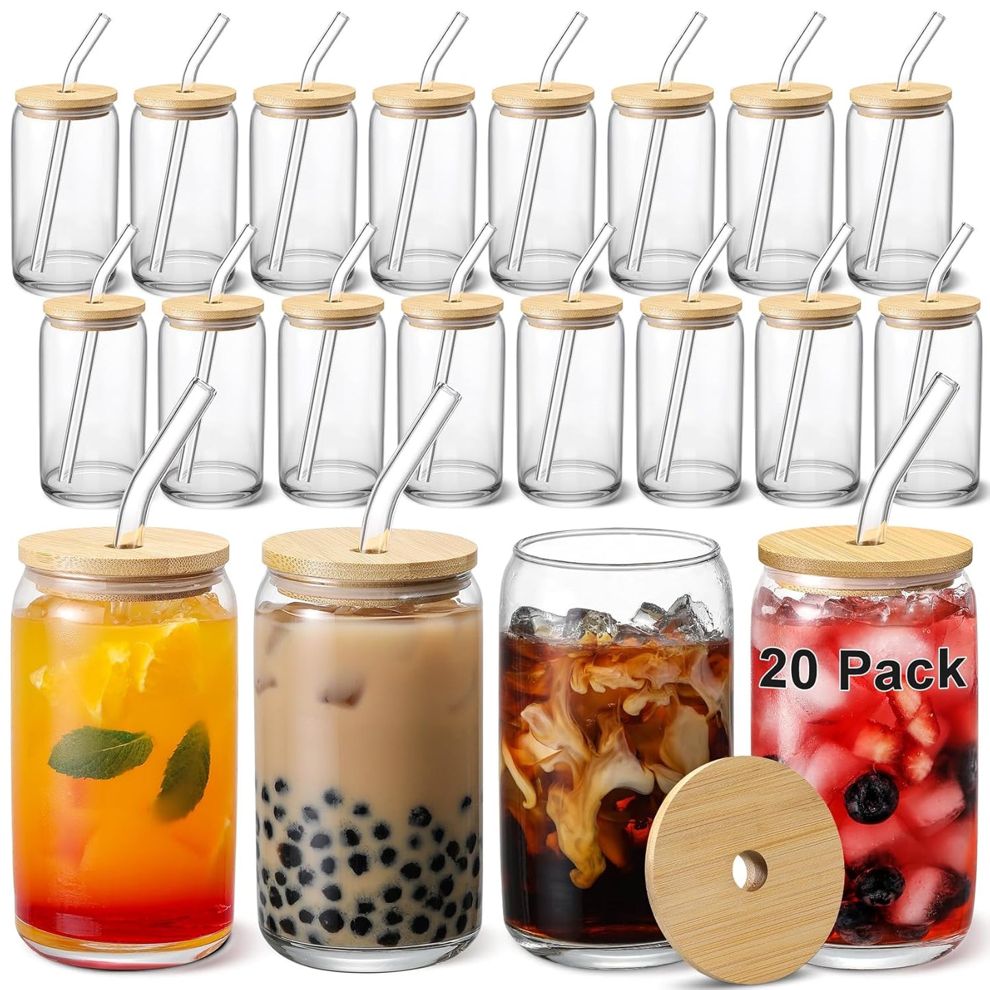 [ 12pcs Set ] Glass Cups with Bamboo Lids and Glass Straw - Beer Shaped Drinking Glasses, 16 oz Iced Coffee Glasses, Cute Tumbler Cup for Smoothie, Boba Tea, Whiskey, Water - 4 Cleaning Brushes