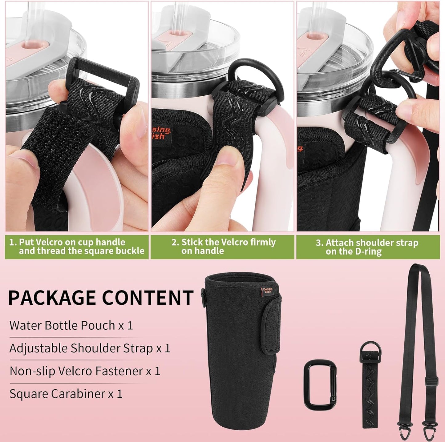 Water Bottle Carrier for Stanley Quencher 30oz Tumbler Cup Water Bottle Holder with Strap Neoprene Protective Tumbler Carrying Bag for Hiking Fitness Travelling - Black