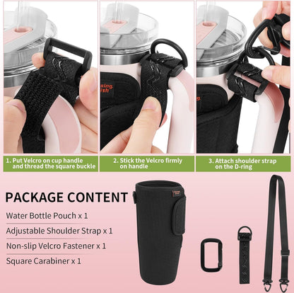 Water Bottle Carrier for Stanley Quencher 30oz Tumbler Cup Water Bottle Holder with Strap Neoprene Protective Tumbler Carrying Bag for Hiking Fitness Travelling - Black