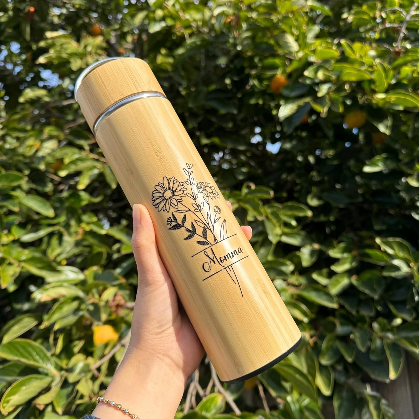 Bamboo Water Bottle Insulated Tea Tumbler for Men Birthday Gift, Women Travel Tea Set with Diffuser for Loose Tea Leaves, Stainless Steel Leak Proof Gift for Mom (15 oz)