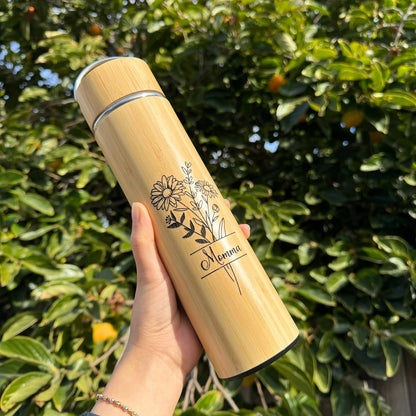 Bamboo Water Bottle Insulated Tea Tumbler for Men Birthday Gift, Women Travel Tea Set with Diffuser for Loose Tea Leaves, Stainless Steel Leak Proof Gift for Mom (15 oz)