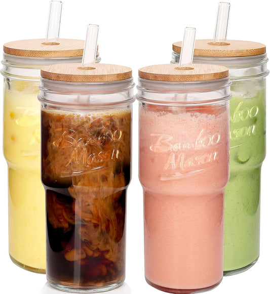 ANOTION Bamboo Mason Leakproof Mason Jar Cups with Lids and Straws, Cap Cup 24oz Glass Tumbler with Handle, Rotating Lid Silicone Straw, Reusable Iced Coffee Matcha Cup Coffee Gifts for Women 2pc